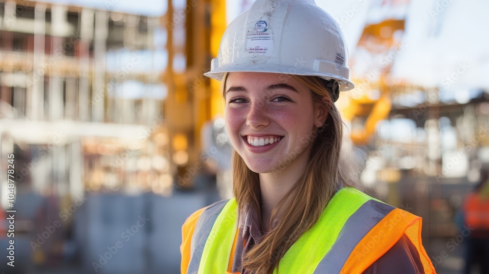 Smiling construction worker in safety gear on job site Smiling construction worker in safety gear on job site