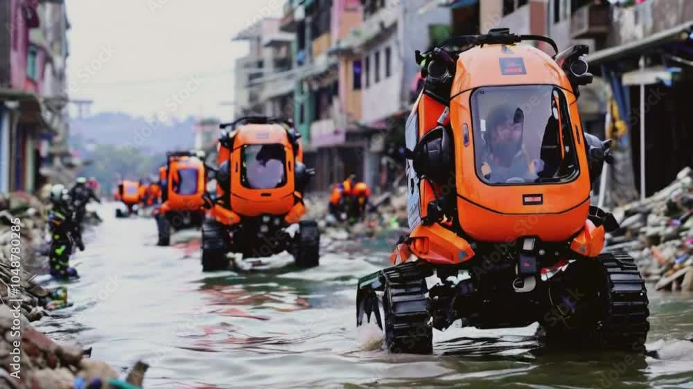 Futuristic rescue vehicles navigating floodwaters in an urban area. Futuristic rescue vehicles navigating floodwaters in an urban area.