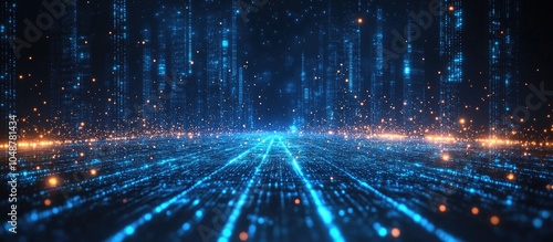 Abstract futuristic city with glowing blue lines and particles on a dark background.