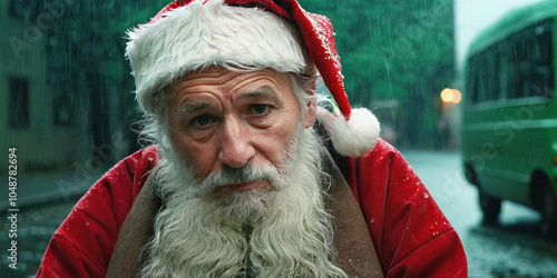 depressed sad poverty or homeless or burn-out Santa Claus sits on wet rainy street on cloudy bad weather day photo