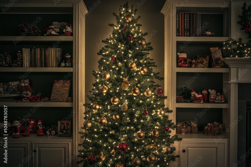 Cozy Christmas living room with decorated tree and shelves Cozy Christmas living room with decorated tree and shelves