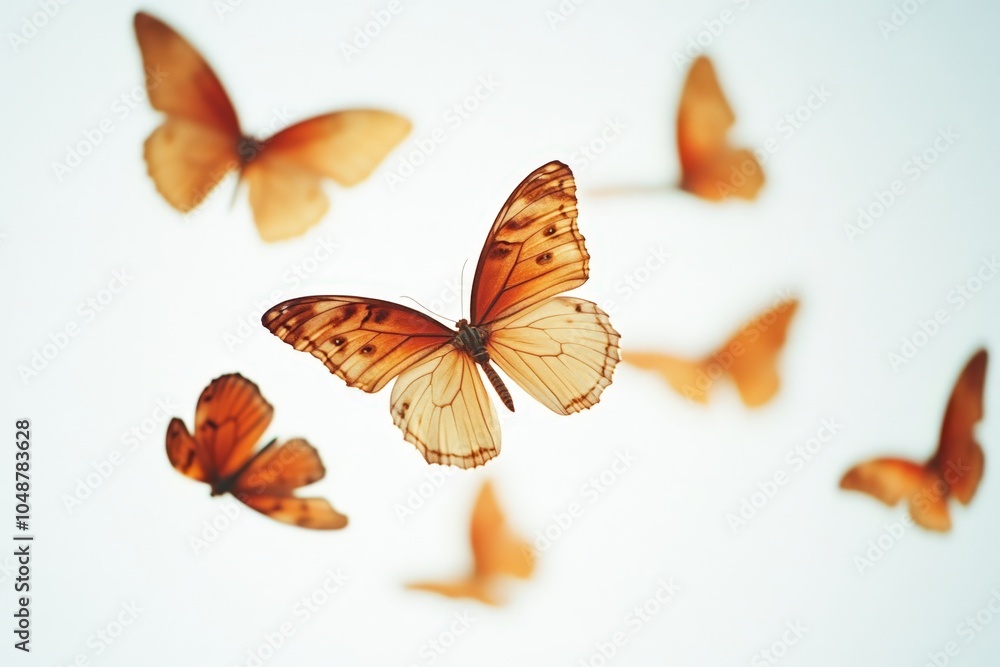 Fototapeta premium Vibrant orange butterflies in flight against a white background