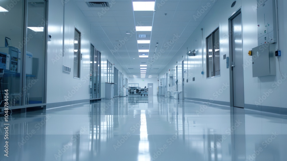 Sterile, White Corridor with Glass Doors and Reflective Floor Sterile, White Corridor with Glass Doors and Reflective Floor