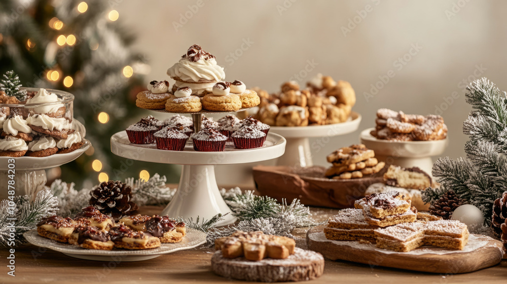 A cozy display of assorted holiday baked goods on elegant stands. A cozy display of assorted holiday baked goods on elegant stands.
