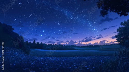 A calm countryside under a blue twilight sky, with the galaxy starting to shimmer alongside the first evening stars.