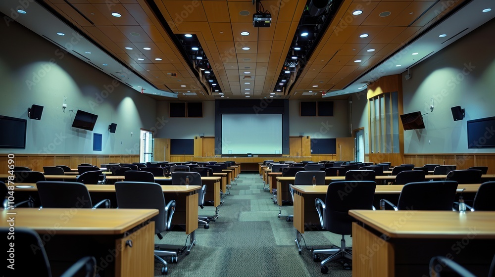 Empty conference room with rows of desks and chairs Empty conference room with rows of desks and chairs