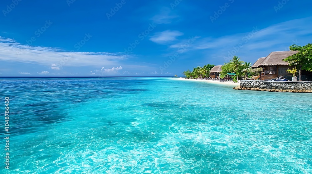 Fototapeta premium Tropical beach with crystal clear turquoise water and thatched roof huts.