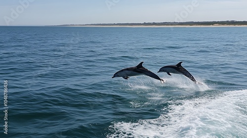 Two dolphins leap from the ocean in a playful display of acrobatics, their sleek bodies catching the sunlight as they breach the surface. photo