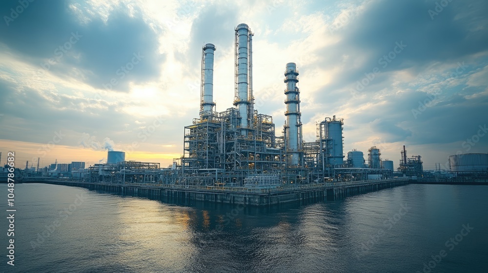 Obraz premium Industrial complex with tall chimneys and pipes against a cloudy sky at sunset.