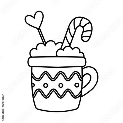 Cute cup with lollipops. Coloring page. Christmas vector illustration