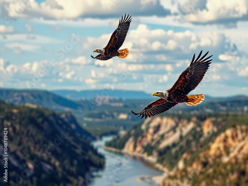 Two eagles flying over a mountain range. The sky is cloudy and the mountains are in the background