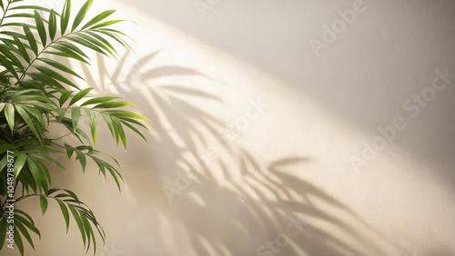 Minimalistic light background with blurred foliage shadow on white wall