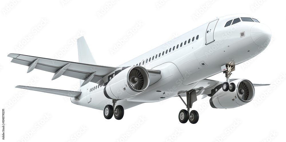 A white airplane is flying in the sky. The plane is in the air and has its landing gear down A white airplane is flying in the sky. The plane is in the air and has its landing gear down