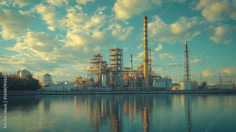 Fototapeta premium A large industrial complex with tall smokestacks and a water channel in front, under a blue sky with white clouds.