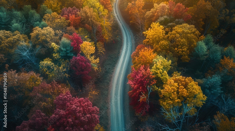 Aerial View of Winding Road Through Autumn Forest Aerial View of Winding Road Through Autumn Forest