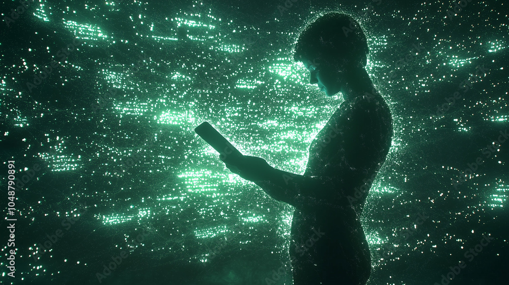 Fototapeta premium Seamless Tech Integration: Holographic Data Streams Surrounding a User with a Tablet for an Immersive Digital Experience