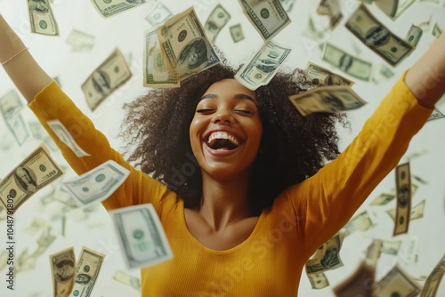 Joyful celebration with flying money in the air