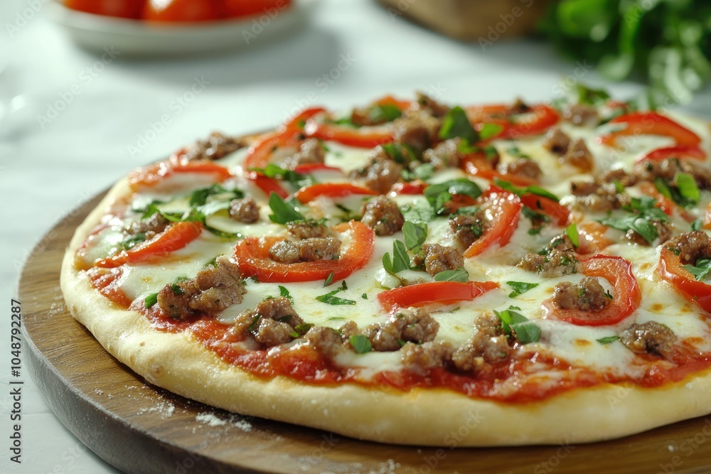 Delicious Freshly Baked Sausage Pizza on Wooden Board Delicious Freshly Baked Sausage Pizza on Wooden Board