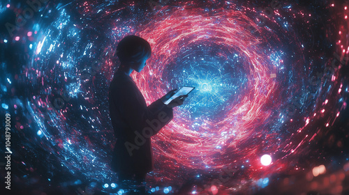 Wallpaper Mural Seamless Tech Integration: Holographic Data Streams Surrounding a User with a Tablet for an Immersive Digital Experience Torontodigital.ca