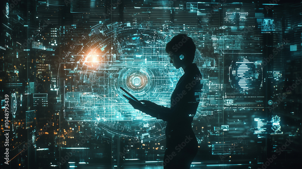 Seamless Tech Integration: Holographic Data Streams Surrounding a User with a Tablet for an Immersive Digital Experience Seamless Tech Integration: Holographic Data Streams Surrounding a User with a Tablet for an Immersive Digital Experience