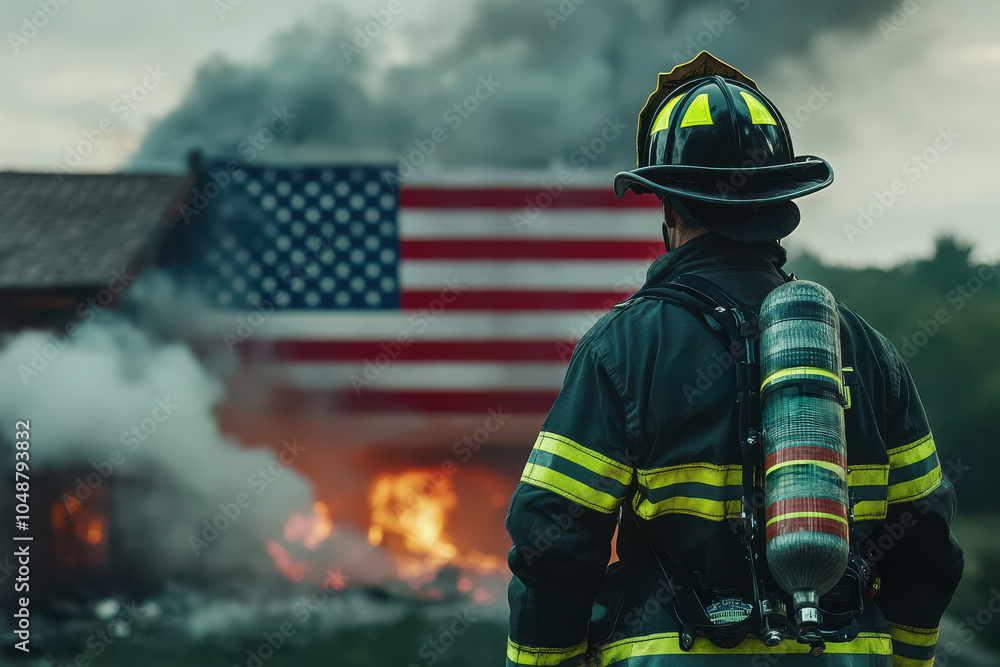 Firefighter in Uniform with American Flag and Flames in Background, High-Resolution Photo Firefighter in Uniform with American Flag and Flames in Background, High-Resolution Photo