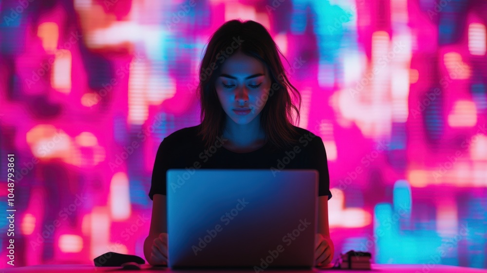 woman using laptop in colorful neon lights woman using laptop in colorful neon lights