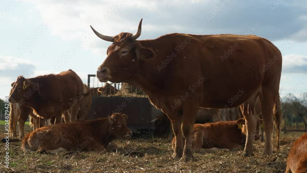 A cow and calves of a purebred French Limousin beef breed are resting ...