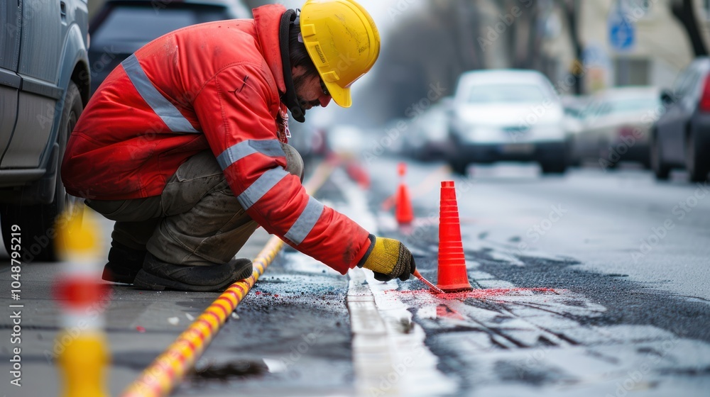 Construction Worker Painting Road Markings Construction Worker Painting Road Markings