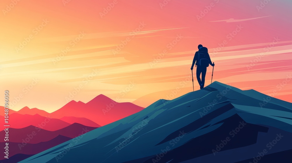 Fototapeta premium Illustrated hiker on mountain peak at sunrise
