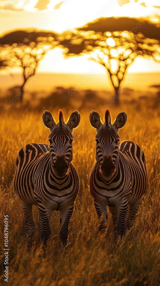 Obraz premium Two zebras stand in a grassy field at sunset, looking directly at the camera.