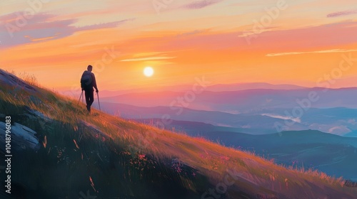 Person hiking on grassy hill with sunset in background