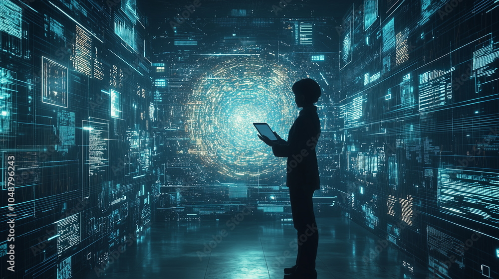Fototapeta premium Seamless Tech Integration: Holographic Data Streams Surrounding a User with a Tablet for an Immersive Digital Experience