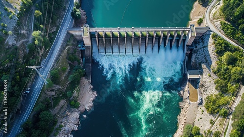 Aerial View of a Dam with Water Rushing Through Spillway