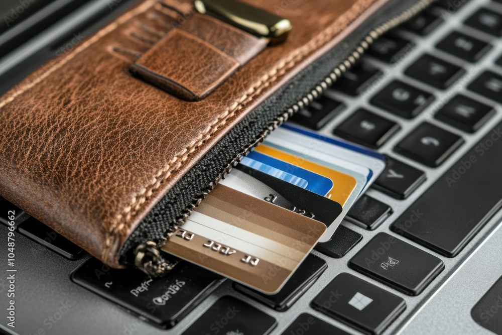 Wallet with Credit Cards on Laptop Keyboard Wallet with Credit Cards on Laptop Keyboard