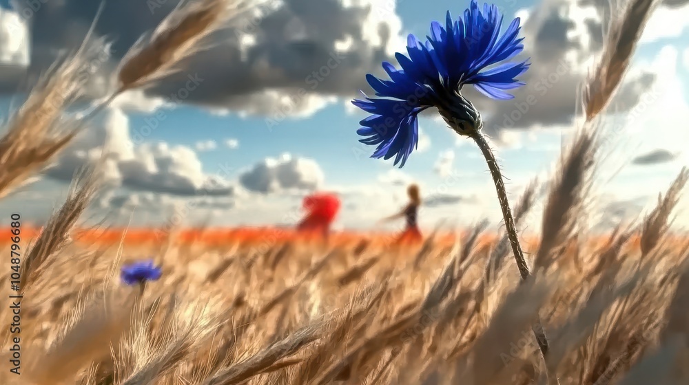 Obraz premium A close-up shot of a blue cornflower, with its intricate petal details in focus, set against a blurred backdrop of a meadow and a sky filled with white fluffy clouds.