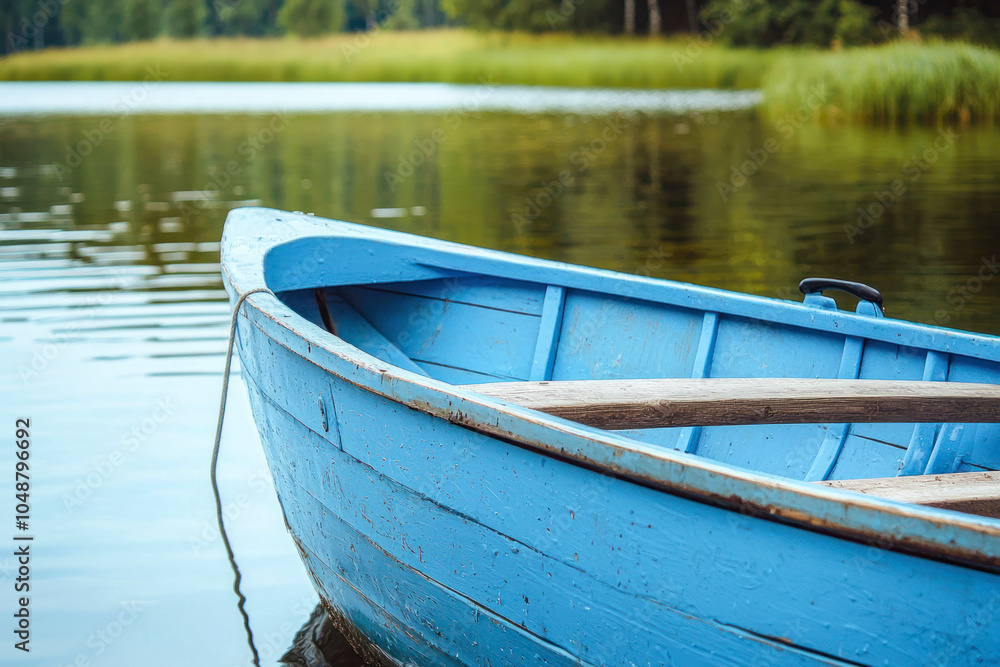 Blue boat with oar near the lake. Blue boat with oar near the lake.