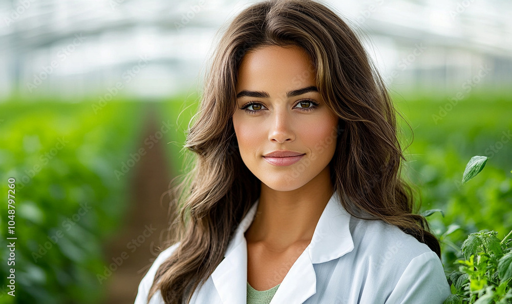 The image shows a beautiful top model female agriculture engineer in a modern agricultural setting. She stands confidently in a field with neatly arranged rows of crops. The image shows a beautiful top model female agriculture engineer in a modern agricultural setting. She stands confidently in a field with neatly arranged rows of crops.