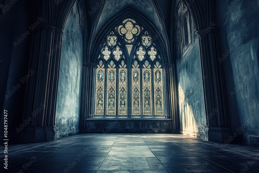 Obraz premium Majestic gothic cathedral interior with stained glass windows and ornate architecture