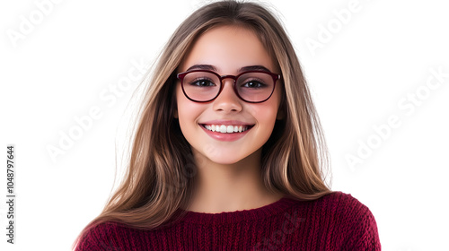 Cinematic scene, young girl with eyeglasses, smiling, student clothes, isolated on white background