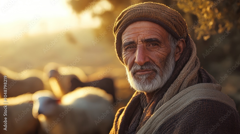 Weathered face of an elderly man in traditional clothing against a warm, golden sunset Weathered face of an elderly man in traditional clothing against a warm, golden sunset