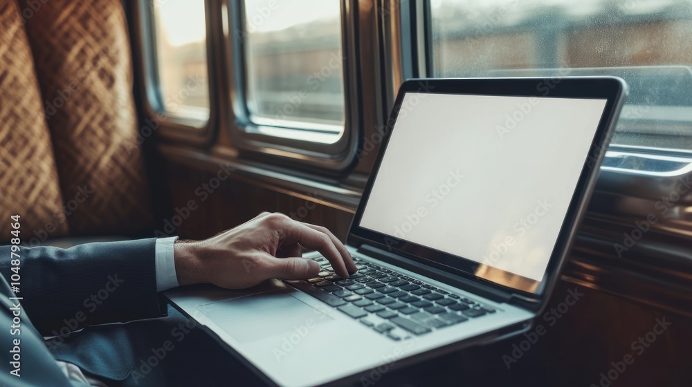 Man using laptop on a train Man using laptop on a train
