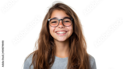 Cinematic scene, young girl with eyeglasses, smiling, student clothes, isolated on white background