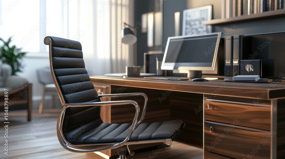Fototapeta premium Modern Office Workspace with Black Leather Chair