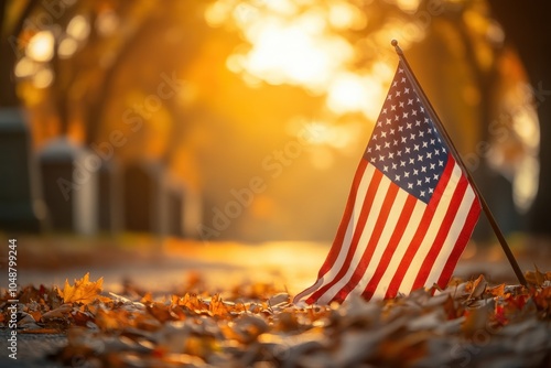American Flag on Ground at Sunrise in Military Graveyard, Detailed and Realistic