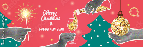 Collage with hand, alcohol, firework and gold ball. Halftone xmas and new year design 2025.