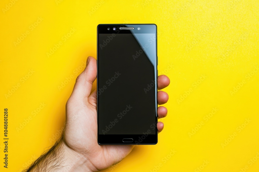 Hand Holding Black Smartphone on Yellow Background Hand Holding Black Smartphone on Yellow Background