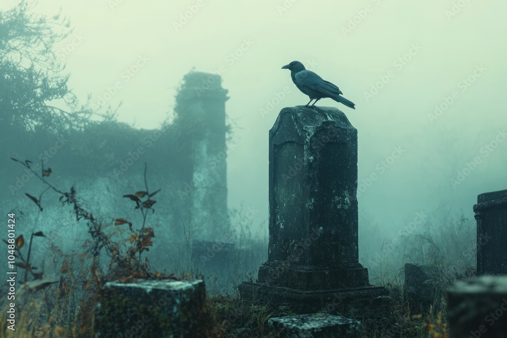 Mysterious Raven on Foggy Cemetery Tombstone