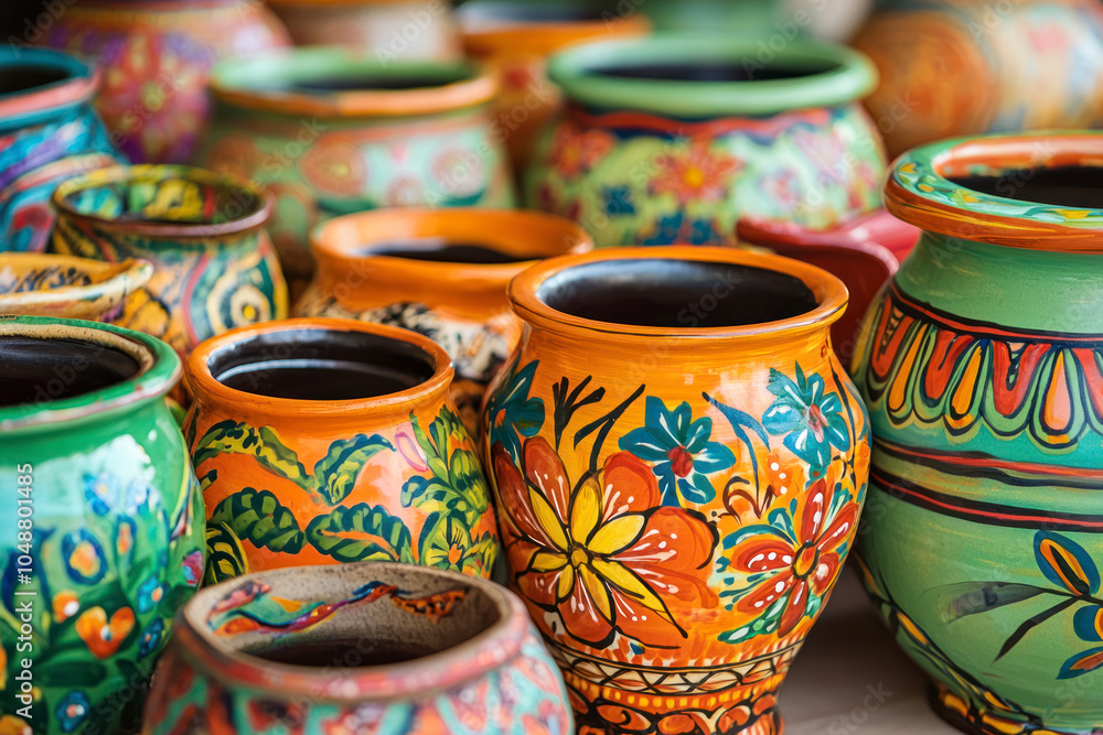 Variety of Colorfully Mexican Painted Ceramic Pots. Variety of Colorfully Mexican Painted Ceramic Pots.
