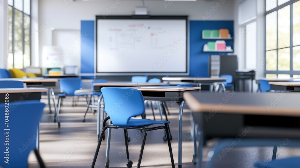 Empty Classroom with Blue Chairs and Whiteboard