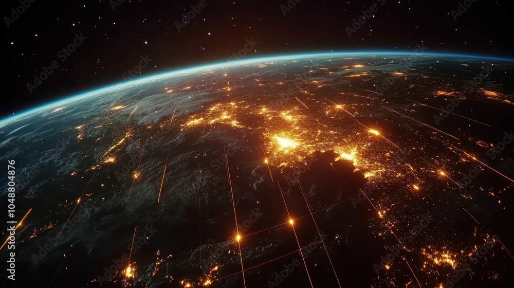 3D night view of Earth from space, with grid lines and glowing city lights illustrating global life. 3D night view of Earth from space, with grid lines and glowing city lights illustrating global life.